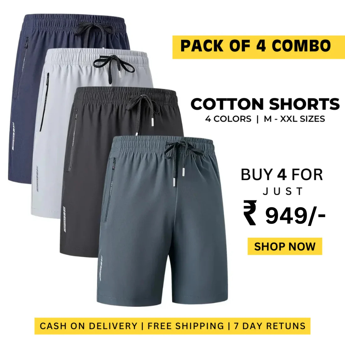 Combo of 4 Men's Stretchable Cotton Shorts for Summers 🌞👕